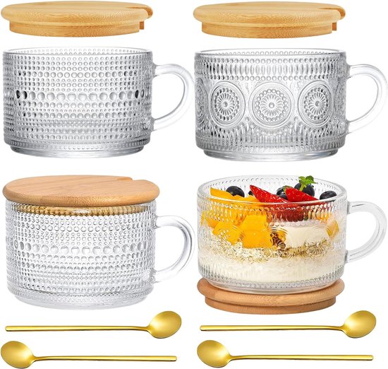 Set van 4 grote koffiekopjes, 400 ml Latte Macchiato glazen, met deksel en lepel, Overnight Oats ontbijtgranenbeker, Vintage Cappuccino Jumbo Cup koffiemok voor thee, pap, melk.