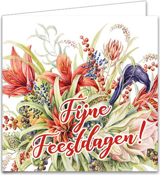 Kerstkaart met afbeelding van een winterboeket met rode, witte en paarse bloemen en blauwe bessen. 'Fijne Feestdagen!'.