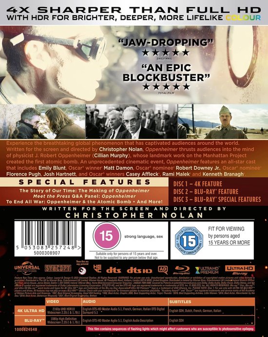 Achterkant van de Oppenheimer 4K UHD + Blu-ray. Bevat recensies en productinformatie.