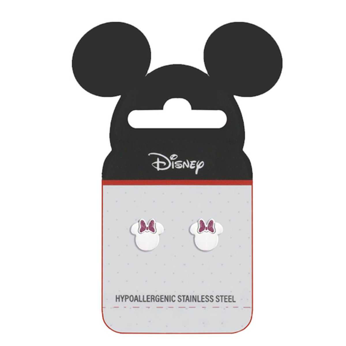 Disney 4-DIS046 Minnie Mouse Oorbellen - Minnie Oorknopjes - Disney Sieraden - 7,8x8mm - Roze Emaille Strikje - Staal - Hypoallergeen - Zilverkleurig