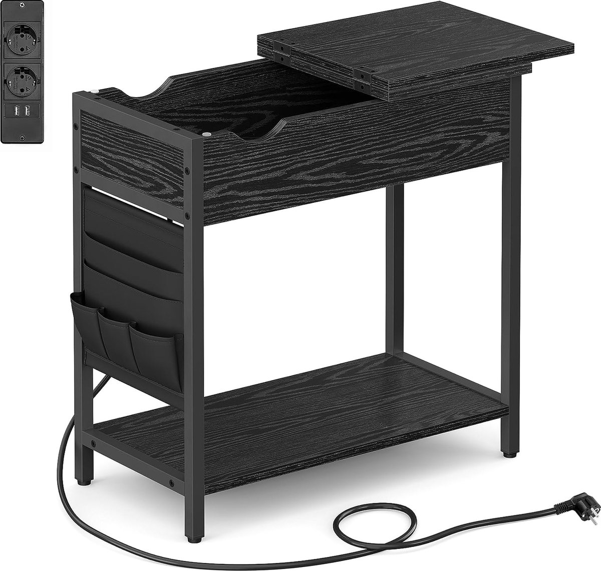 HOOBRO Bijzettafel met laadstation, C-vorm, inklapbare salontafel met stoffen tas, nachtkastje met stopcontact en 2 USB-poorten, voor woonkamer, vintage bruin en zwart EBF30CSF01
