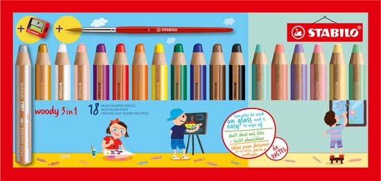 STABILO Woody 3 en 1 - Crayon de Couleur Multitalent - Étui Avec 18 Couleurs Dont 6 Pastels Incl. Taille- Taille-crayon Et Pinceau