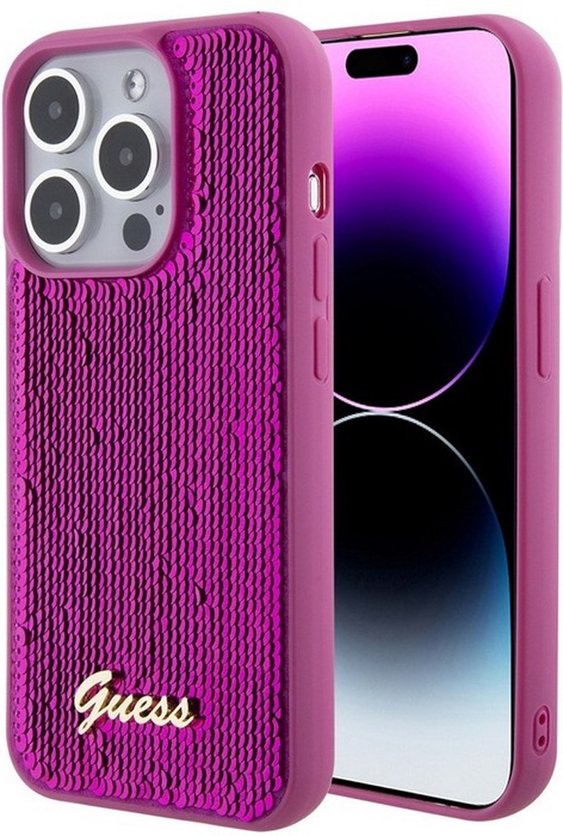 Guess Sequins Script Logo Back Case - Geschikt voor Apple iPhone 15 Pro (6.1") - Magenta