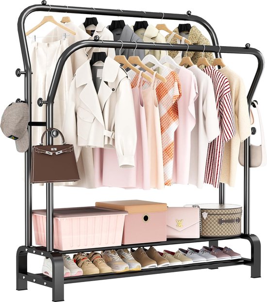 Kledingrek, Vrijstaande Dubbele Stangen Hanger voor Slaapkamer, Kledingrek, Multifunctioneel Kledingrek, Stevige Kledingrail met 8 Haken en 2 Schoenenrek, Metaal, Zwart