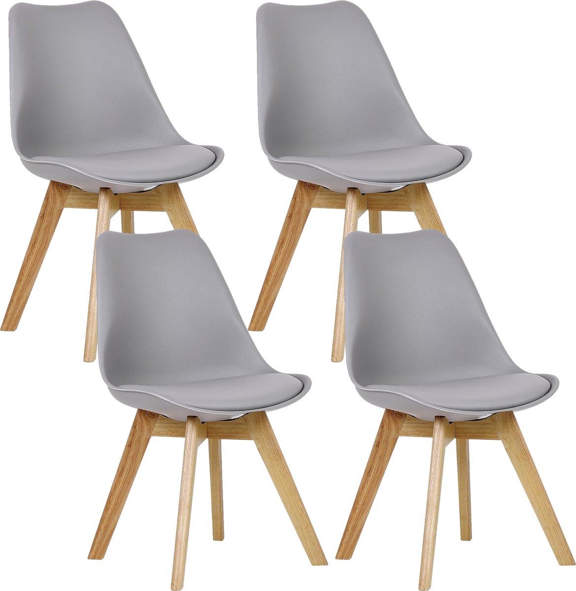 BukkitBow - Eetkamerstoelen Houten Frame met Retro Stijl - Gewatteerd Zitting met Kussen - Set van 4 Stuks - Grijs