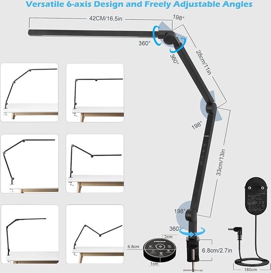 SPORWAY Leeslamp bed: led-klemlamp, touch-dimmen, bureaulamp, 3 kleuren, oogbescherming, bedlamp
