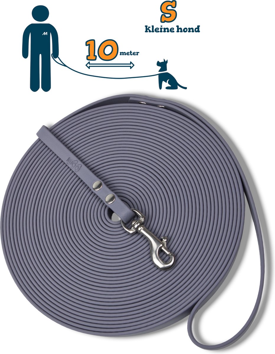 Miqdi lange lijn - BioThane – grijs - 10 meter lang – 9mm breed – XS/S – kleine hond – lange hondenriem