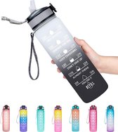 Drinkflessen-1 liter-Drinkfles met rietje-BPA-vrij-Motiverende waterfles met tijdmarkering-Drinkfles-Wit zwart