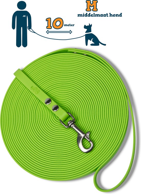 Miqdi lange lijn - BioThane® - lichtgroen - 10 meter lang – 13mm breed – M – middelmaat hond – lange hondenriem