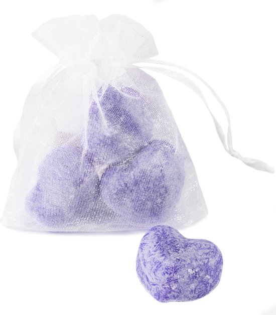 Organza zakje met 3x amberblokje hart lavender - heerlijk geurende amberblokjes in de vorm van een hartje - leg de amberblokjes op een schaaltje of brand ze in een geurbrander - voor een heerlijk geurende ruimte
