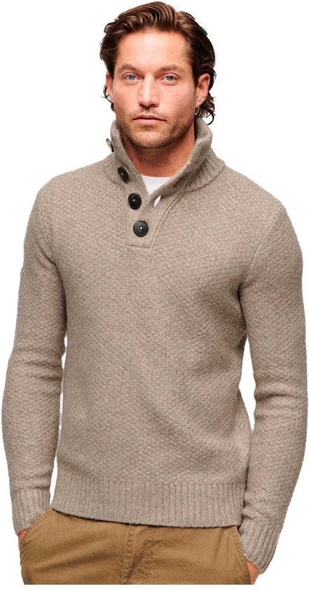 Pull Homme Superdry Chunky Button High Neck Jumper - Desert Taupe Beige Chiné - Taille S