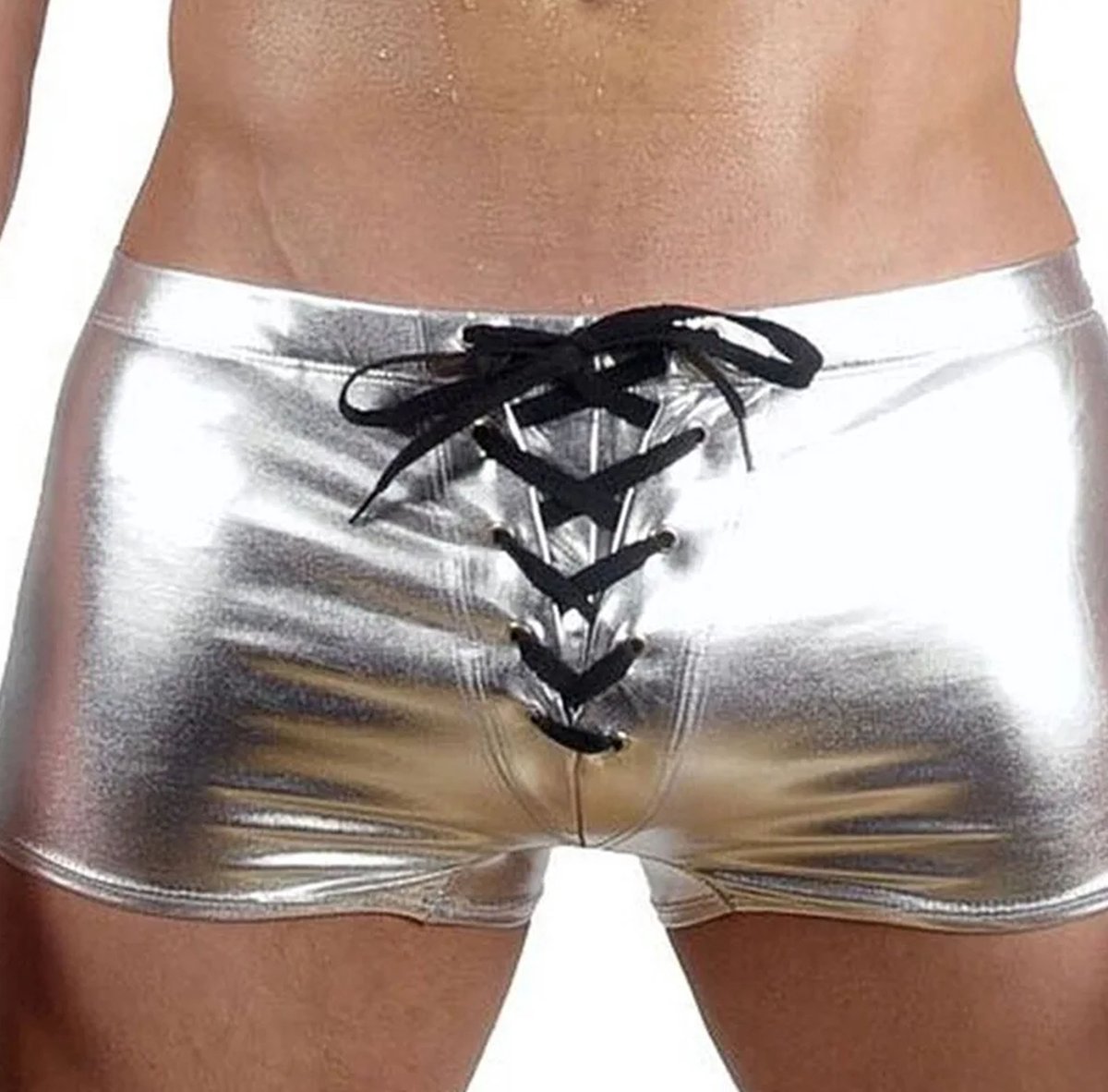 Goedkoopste Strakke latex lingerie heren - Boxershort met veters - Zilver - Mannen slip - Erotische ondergoed - Clubwear
