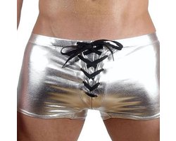 Strakke latex lingerie heren - Boxershort met veters - Zilver - Mannen slip - Erotische ondergoed - Clubwear