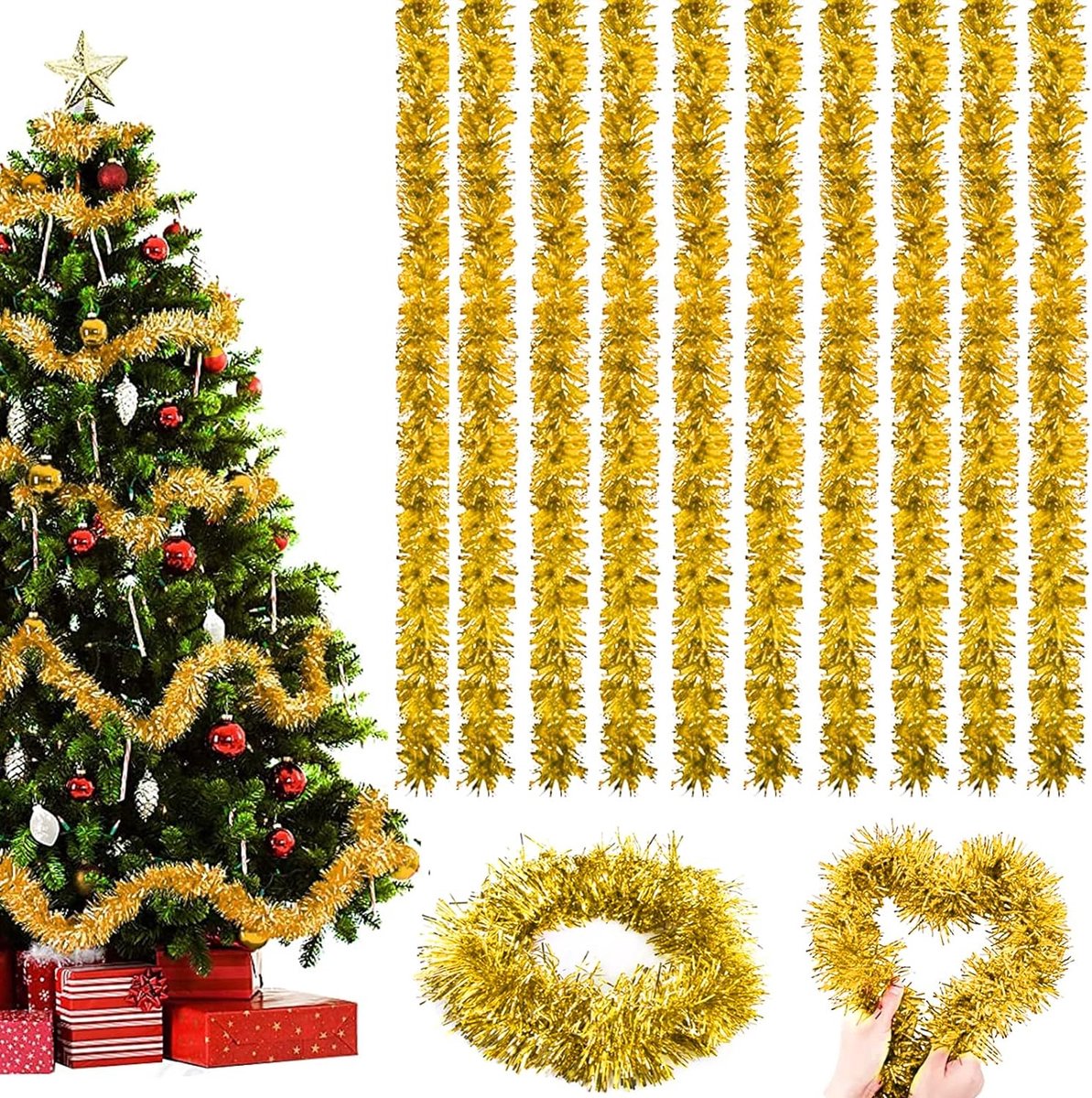 Kerstslinger, 10 stuks glanzende lametta-slinger, dennenslinger, hangende decoratie, kerstboomversiering, voor Kerstmis, bruiloften, vakantiefeesten (goud)
