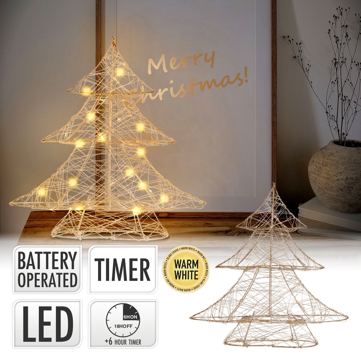 Decoratieve kerstboom 30 cm hoog goud metaal met warm witte LED's