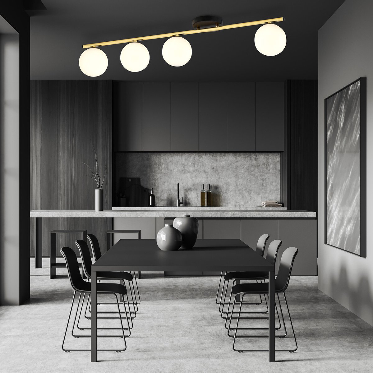 Emibig Zwart en messing 4x E14 plafondlamp glazen matwitte bollen - Perfect voor stijlvolle verlichting in elke ruimte