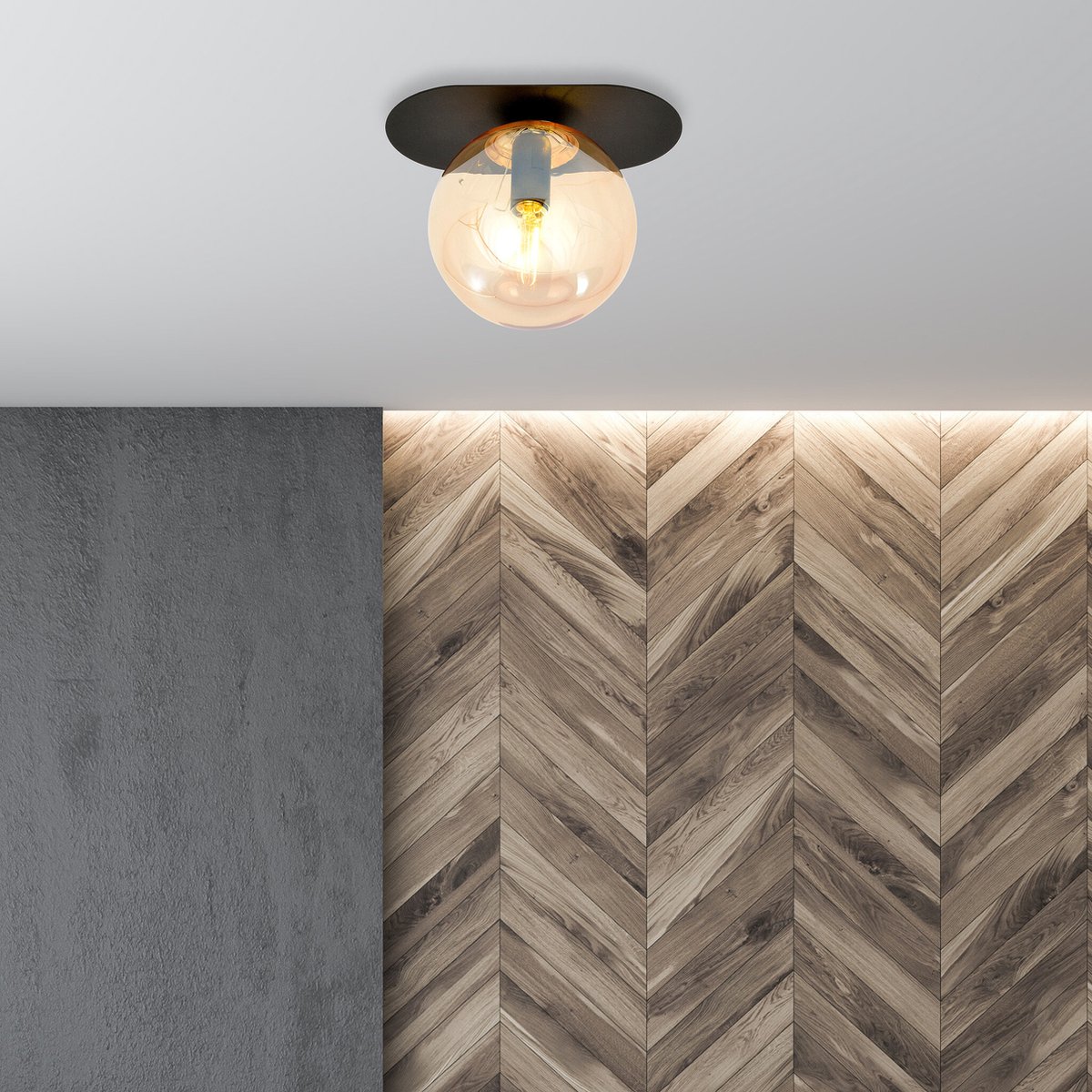 Emibig Randers mooie ovale plafondlamp zwart met amber glazen bol E14 - Perfect voor een stijlvolle ambiance