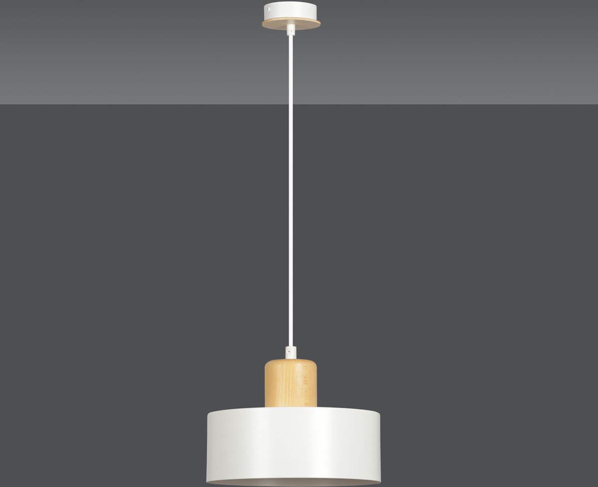 Emibig Lolland witte ronde hanglamp met hout natuurkleur E27 - Ambachtelijke verlichting voor elke ruimte