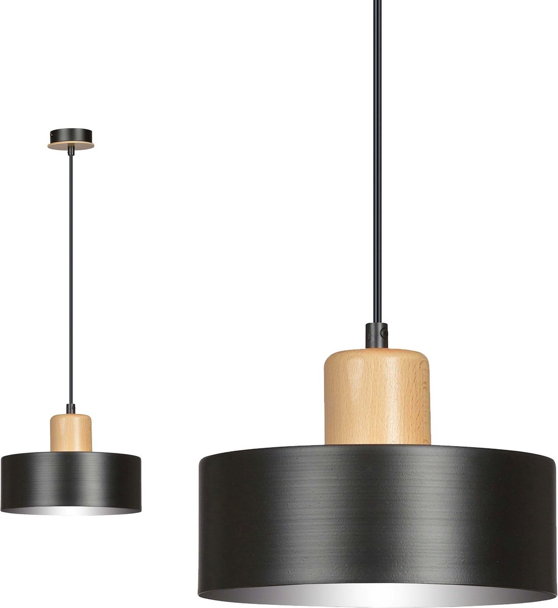 Emibig Lolland zwarte ronde hanglamp met hout natuurkleur E27 - Perfecte verlichting voor elke ruimte