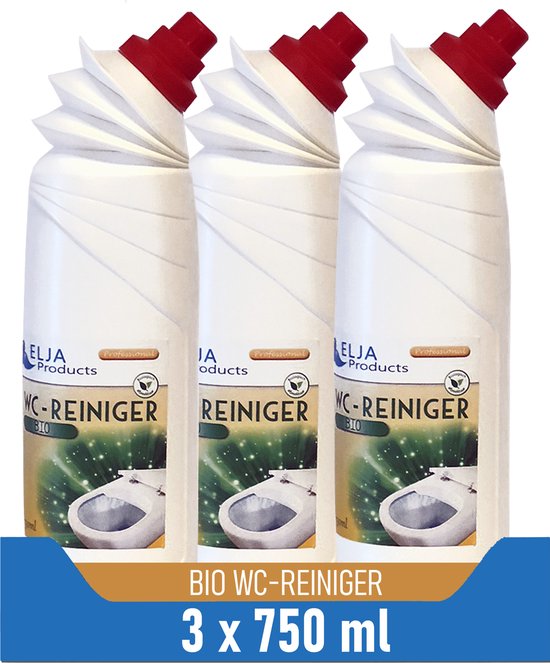 Drie flessen Elja BIO WC-reiniger met rode doppen. Tekst: 'ELJA Professional BIO WC-REINIGER 3 x 750 ml'.