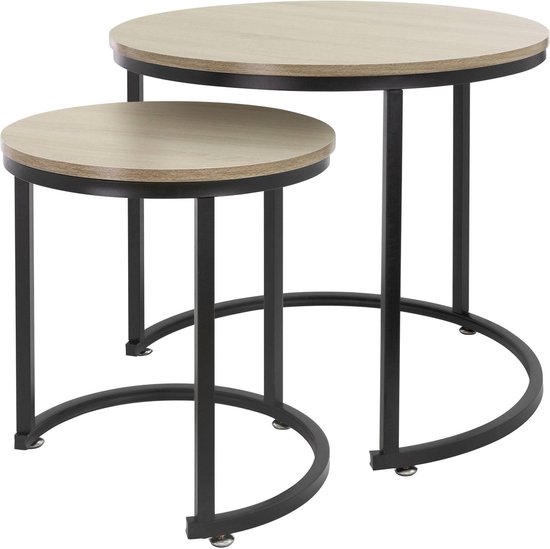 Salontafel set van 2 ronde vormen Sonoma eik/zwart gemaakt van MDF en metaal ML-Design