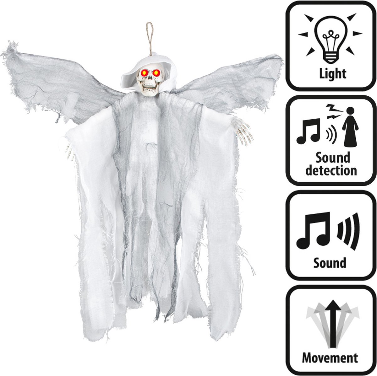 Boland - Decoratie - Halloween Vliegende Demoon 52cm Wit - Licht, Beweging, Geluid