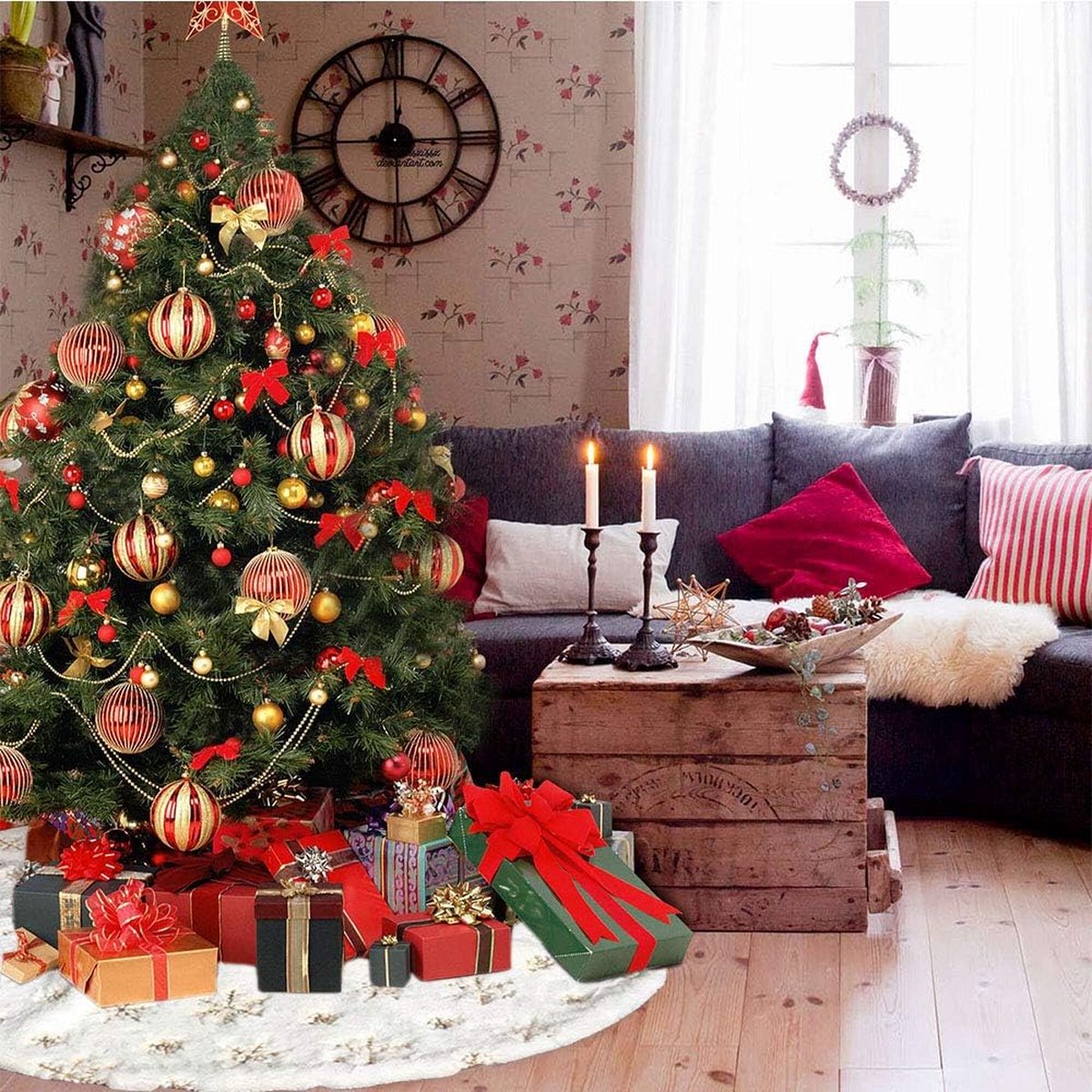 Dremisland Grote kerstboomrok, 90 cm rustieke, gebreide dikke boomrok met sneeuwvlokken en rendier, rode kerstboomrok, thuisdecoratie voor de feestdagen, voor binnen en buiten