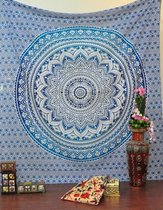 Blauw Wandkleed - Mandala - wanddoek - Blauw/wit - wandtapijt - Duurzaam katoen - wanddecoratie