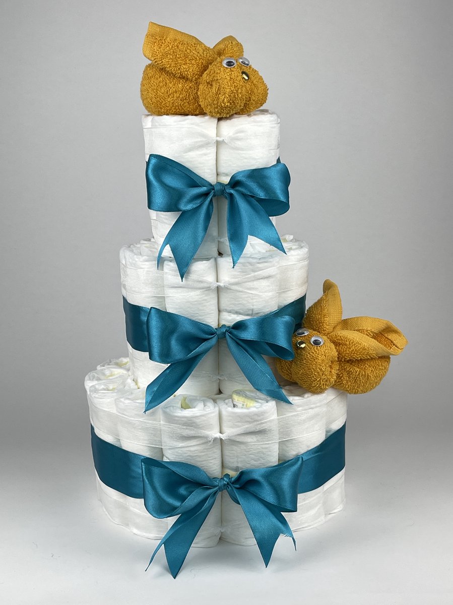 Goedkoopste Chouette-Chouette | Luiertaart Neutraal | Kraamcadeau | Geboorte Jongen Meisje | Babyshower | Konijnen Oker - Petrol