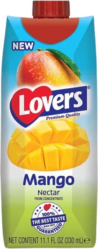 Foto: Lovers juice mango pakjes 33cl tray 12 stuks