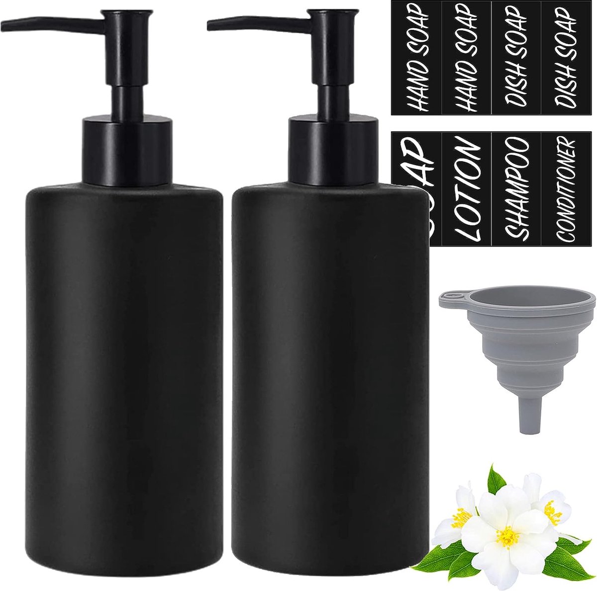TEHEO Zeepdispenser voor aan de muur, zwart, zeepdispenser, glas, 250 ml, om op te plakken of te boren, roestvrijstalen pompkop en handzeephouder, shampoo, douchegel (2