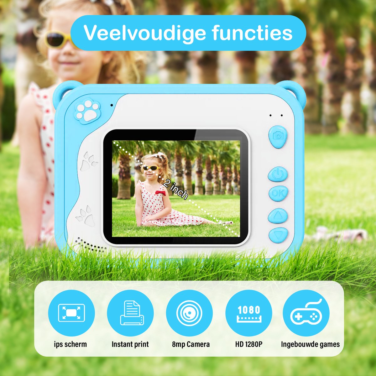 Ilona® 3 IN 1 Digitale Kindercamera met Fotoprinter + Instant print + Speelcamera - 32GB micro sd kaart - Camera Kinderen - Vlogcamera met Games - Fototoestel voor Kinderen - Klein Formaat Speelgoed - Met Videofunctie - Blauw — cadeau in Spellen & Speelgoed - foto 3