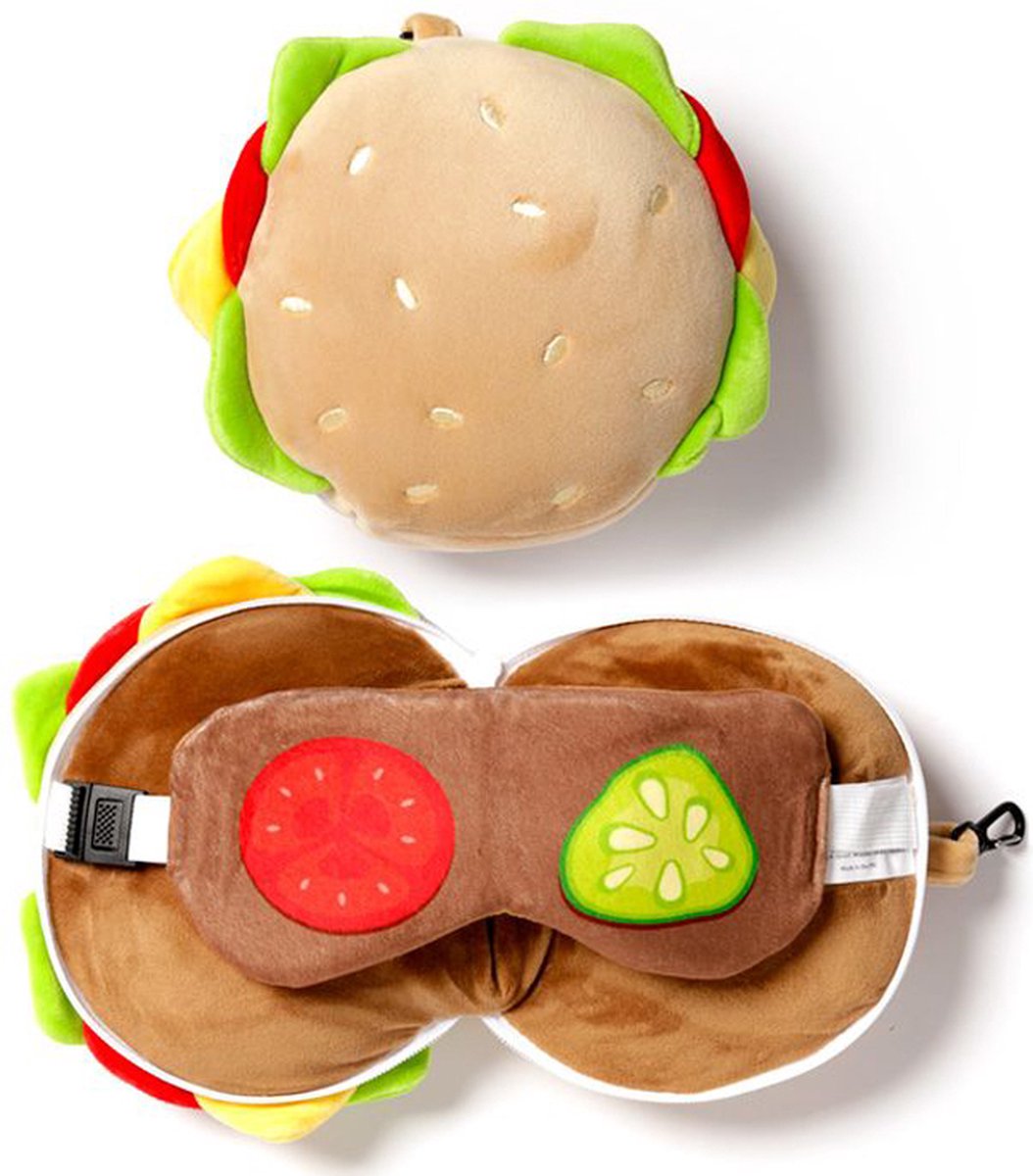 Relaxeazzz Pluche Hamburger Rond Reiskussen en Slaapmasker - Beige