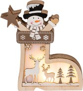 Houten kerst decoratie met LED - kerst laars met sneeuwpop