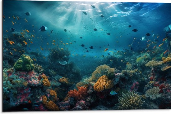 Dibond - Oceaan - Zee - Dieren - Vissen - Koraal - Kleuren - 75x50 cm Foto op Aluminium (Wanddecoratie van metaal)