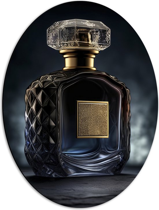 Dibond Ovaal - Parfum - Flesje - Goud - Kleuren - 42x56 cm Foto op Ovaal (Met Ophangsysteem)