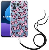 Cazy Hoesje met koord Zwart geschikt voor Fairphone 5 Roze Vlinders