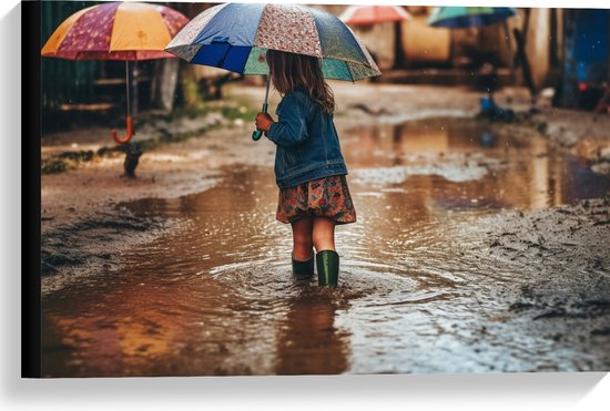 Canvas - Meisje - Regen - Laarzen - Paraplu - Plas - 60x40 cm Foto op Canvas Schilderij (Wanddecoratie op Canvas)