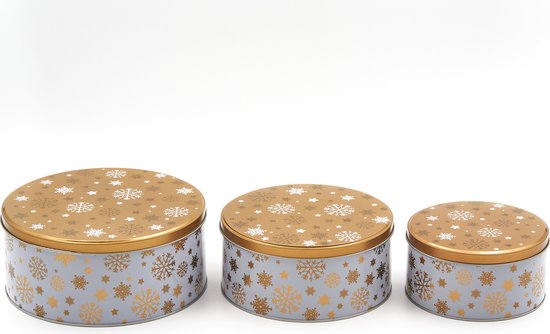 Kerst Blik Set met Gouden Sneeuwvlokken Design - Bewaarblik - 3 stuks