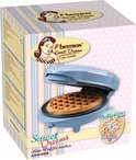 Doos van een blauw mini wafelijzer "Sweet Dreams AMW500B" met retro afbeelding.