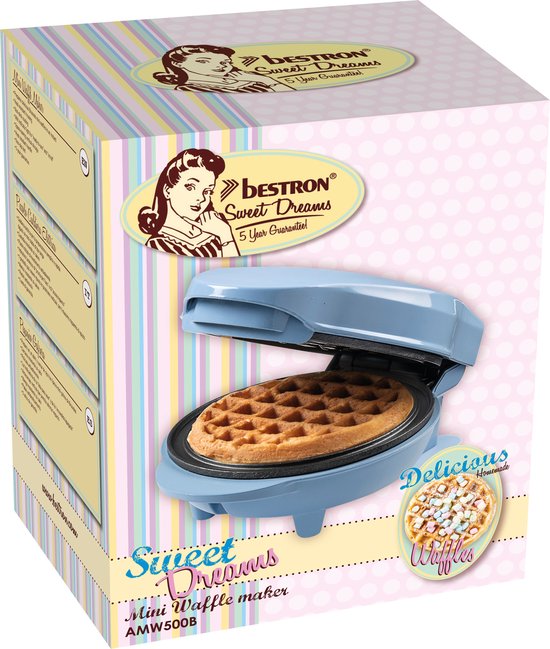 Doos van een blauw mini wafelijzer "Sweet Dreams AMW500B" met retro afbeelding.