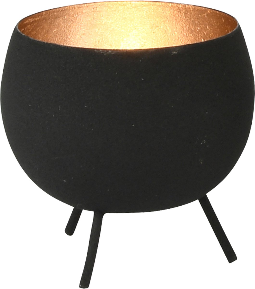 Waxinelichtjeshouder / theelichthouder / windlicht op pootjes - Zwart / goud - 10 x 10 x 10 cm hoog.