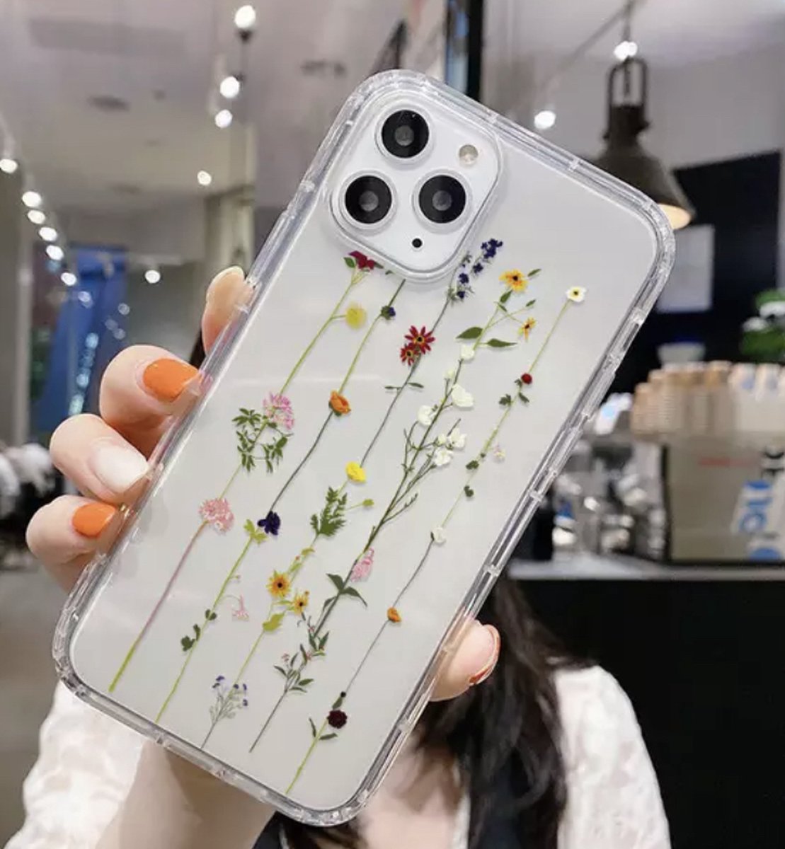 Iphone 14 hoesje met gedrukte bloemen in streepvorm