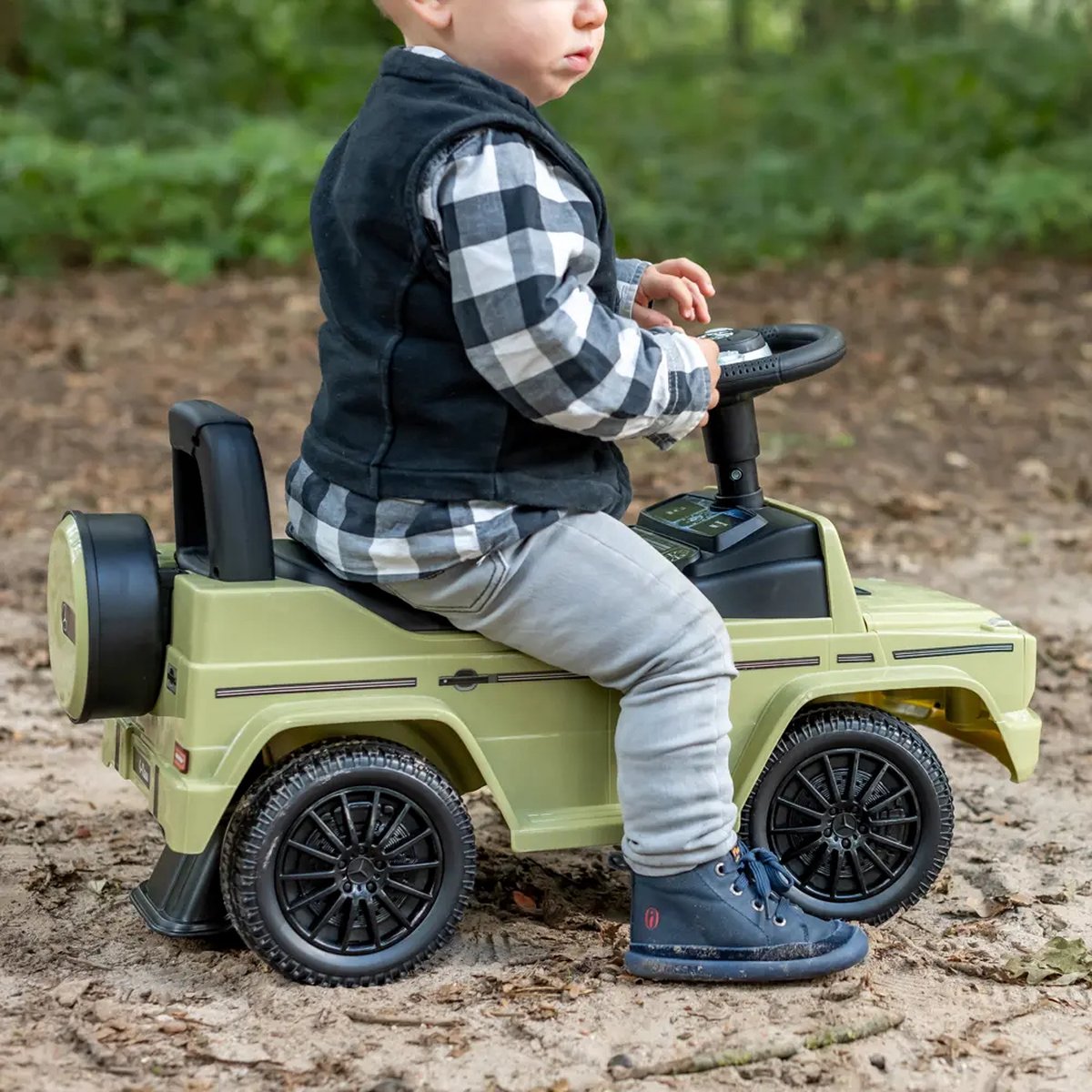 Bandits & Angels Loopauto Mercedes Benz G350D Retro Groen met Claxon vanaf 1 jaar voor Jongens en Meisjes - Stimuleert Motorische Vaardigheden - Loopwagen 24 cm - Groene Loop Auto — afbeelding 8