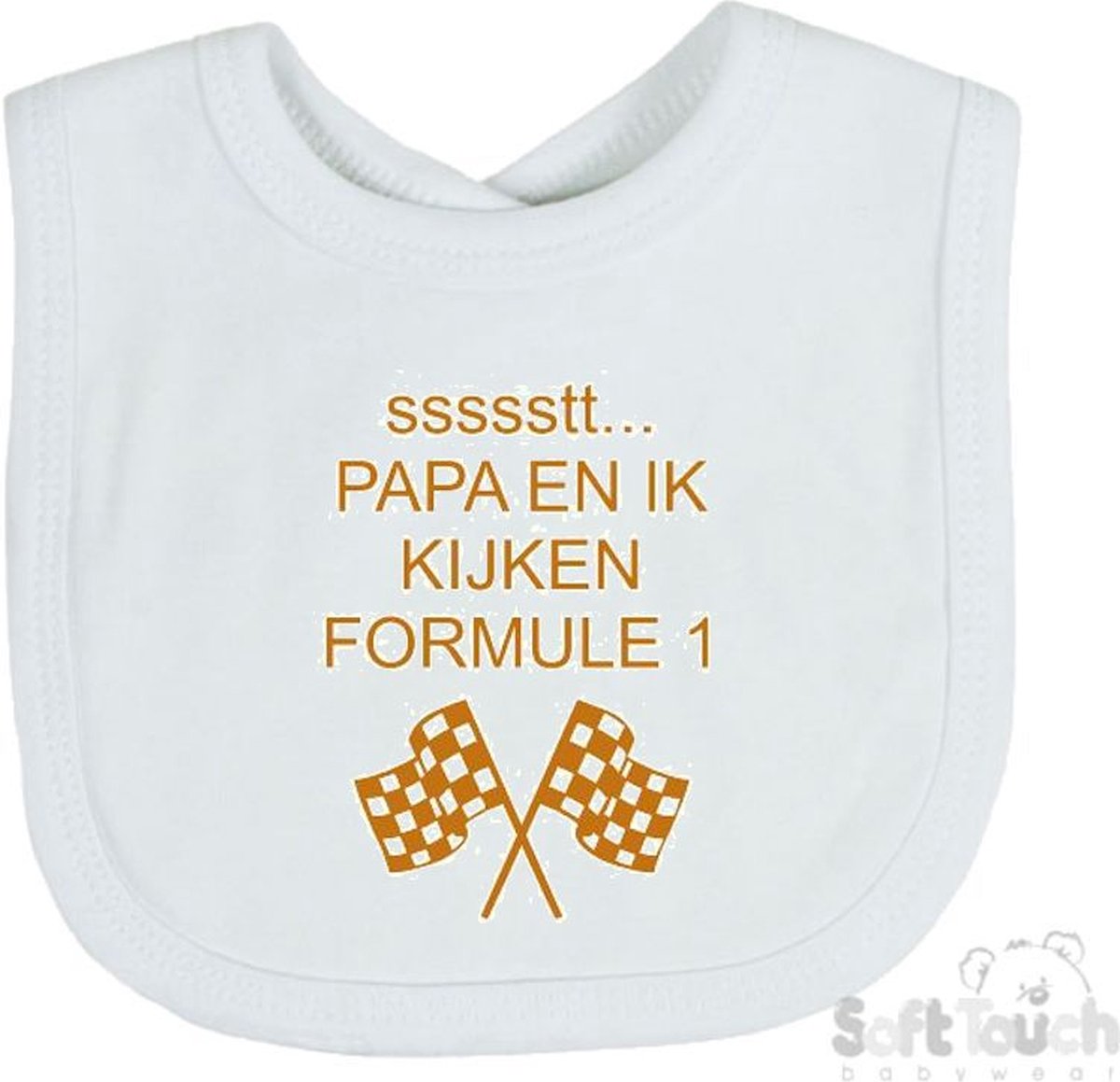 Goedkoopste Soft Touch Slabber Slabbetje Slab Papa en ik kijken Formule 1 Formule 1 33 x 22 Cm Katoen Wit/tan