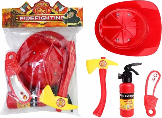 Brandweerset verkleedgerief brandweerman Fire fighter helm bijl brandblusapparaat