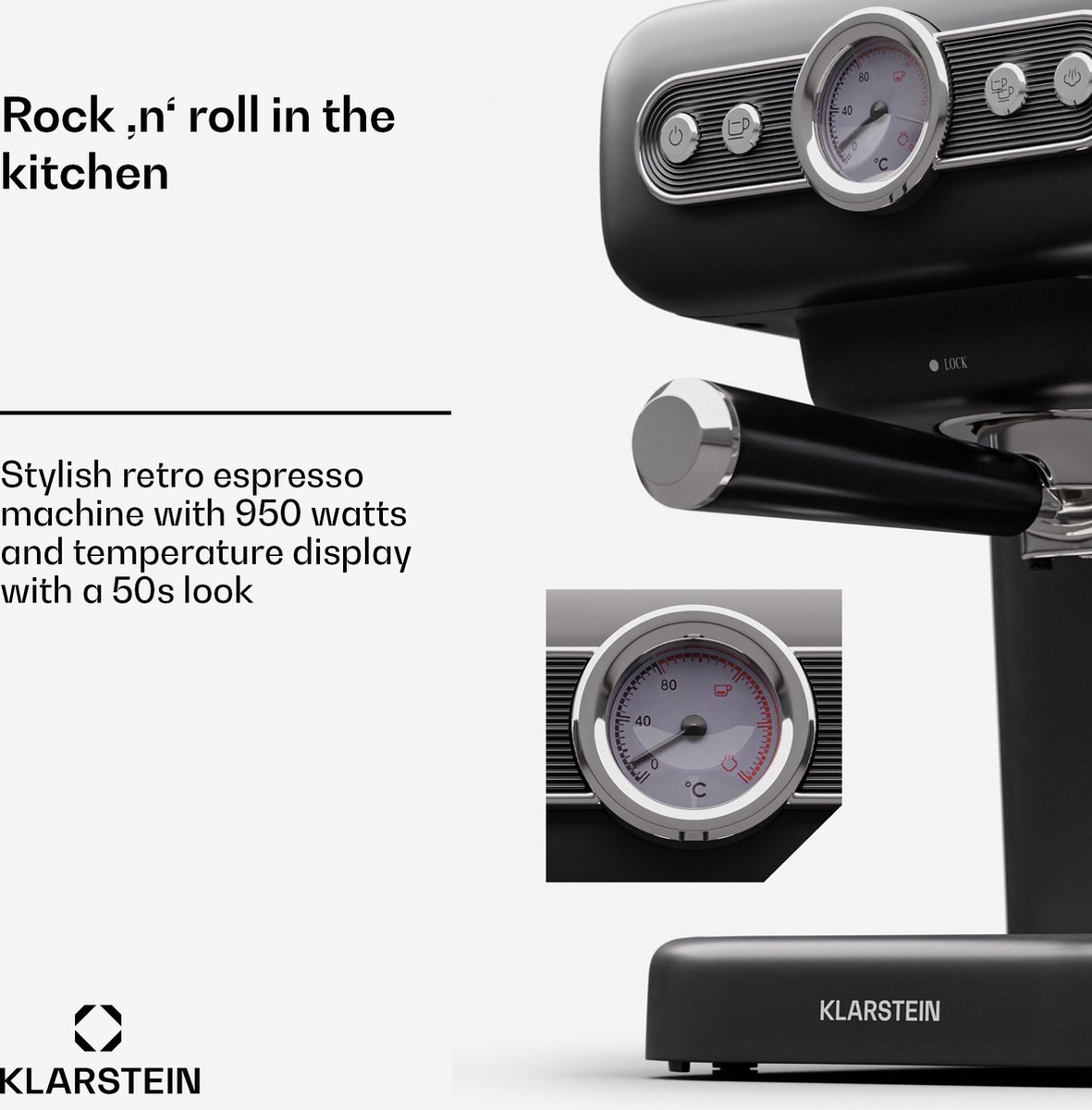 Afbeelding 2 van Klarstein Espresso Portafilter Machine met Melkopschuimer - 1 -2 L Retro Mini Espresso Machine met Portafilter - 950 W Klein Koffiezetapparaat - Roestvrij Staal Koffiezetapparaat voor Cappuccino - Zwart
