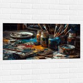 Muursticker - Tafel - Verf - Kwasten - Schilderen - Verven -Kunst - Kleuren - 100x50 cm Foto op Muursticker
