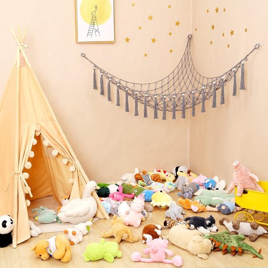 Hamac Suspendu De Rangement Peluches Grise 105cm X 105cm X 145cm - Organisateur Jouets Enfants Avec Macramé