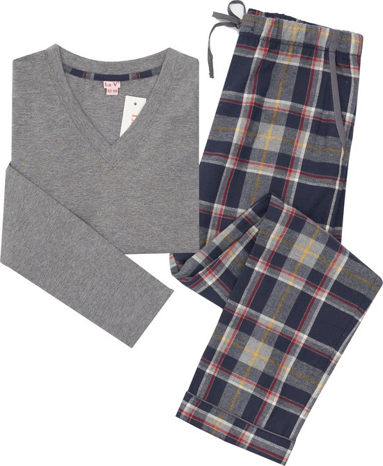 La-V pyjama set voor meisjes met geruite flanel broek - Grijs/ Donkerblauw 152-158